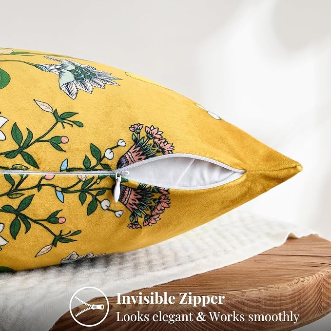 MUSSEL Yellow Velvet Floral Decorative 12x20 Lumbar Pillow Covers Set of 2 | Durable and Sturdy,Botanical Printed Pattern,Throw Pillows Case,Rectangle,Colorful Farmhouse ,Home Sofa Bed Couch Decor