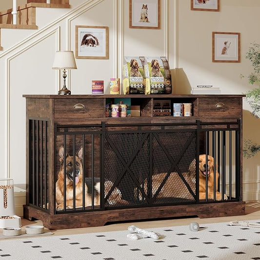 63 Inch Dog Crate Furniture with Double Doors, Modern Farmhouse Indoor Kennel for Small to Medium Dogs, Dual Drawer Storage TV Stand, Media Console and Sideboard, Versatile Pet Cabinet