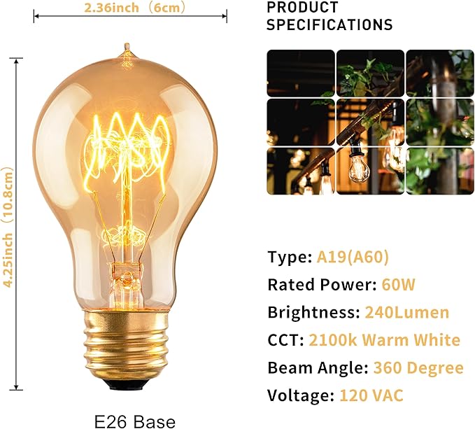 Warm Incandescent Light Bulbs 60 Watt,A19/A60 Vintage Style Edison Bulbs E26,Soft Yellow Light Bulbs,Amber Bulbs,Retro Light Bulb Old Fashioned,Halogen Dimmable Edison Bulb Squirrel Cage