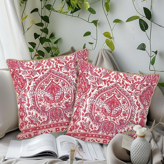 KSLIDS Pink Teal Flower Soft Velvet Throw Pillow Covers Set of 2 Boho Ethnic Red Foral Decorative Pillow Covers 18x18 Inch Bohemian Farmhouse Pillow Case for Sofa Couch Living Room Home Decor