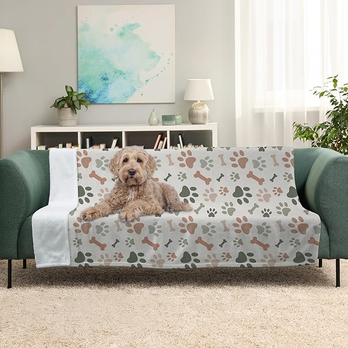 Cream Paw Print Plush Pet Lightweight Blanket - 60" x 80" - Cute for Dogs - Gifts and Puppy Essentials - Printed in America