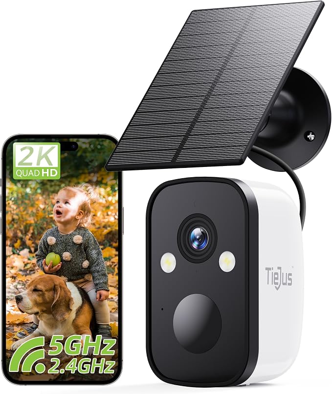 2K Solar Security Cameras Wireless Outdoor, 5G/2.4G Dual WiFi | Powered by Sun Rechargeable Battery Backup, Color Night Vision, PIR AI Motion Detection, 2 Way Talk, IP66, Works with Alexa