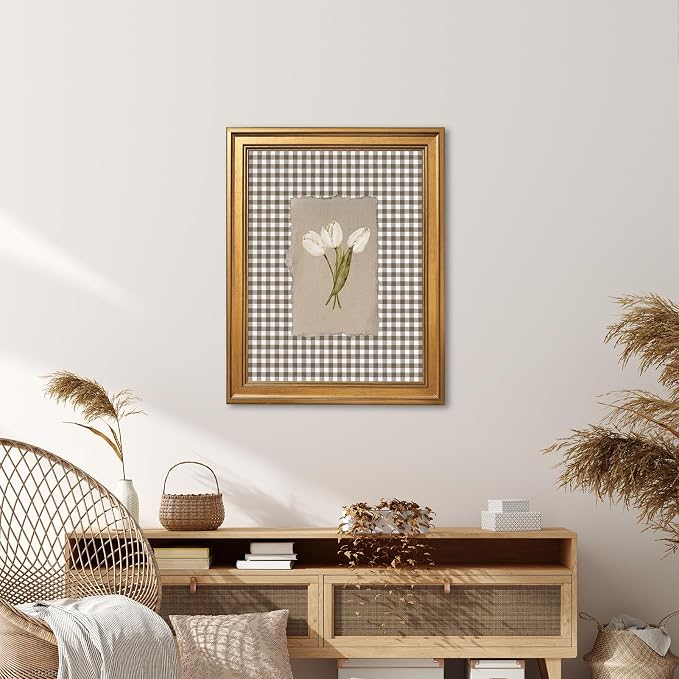 Gold Framed White Tulips Vintage Floral Wall Art Painting Brown Gingham Botanical Print Rustic Farmhouse Flower Picture Poster Neutral Cottagecore Canvas Artwork Aesthetic Country Home Decor 24x36inch