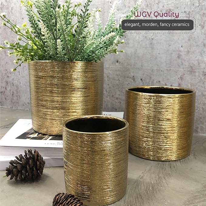 WGVI Gold Etched Ceramic Cylinder Vase Width 3.75" Height 4", Flower Arrangements, Candle Holder, Terrarium Planter Pot, Storage Container Organizer, Pen Brush Holder, Scratched Texture, 1 Piece