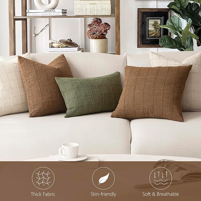 Foindtower Set of 2 Decorative Linen Check Throw Pillow Covers Neutral Farmhouse Vintage Cushion Covers Modern Boho Home Decor for Sofa Chair Couch Bedroom Living Room,22×22 Inch,Brown Hazel