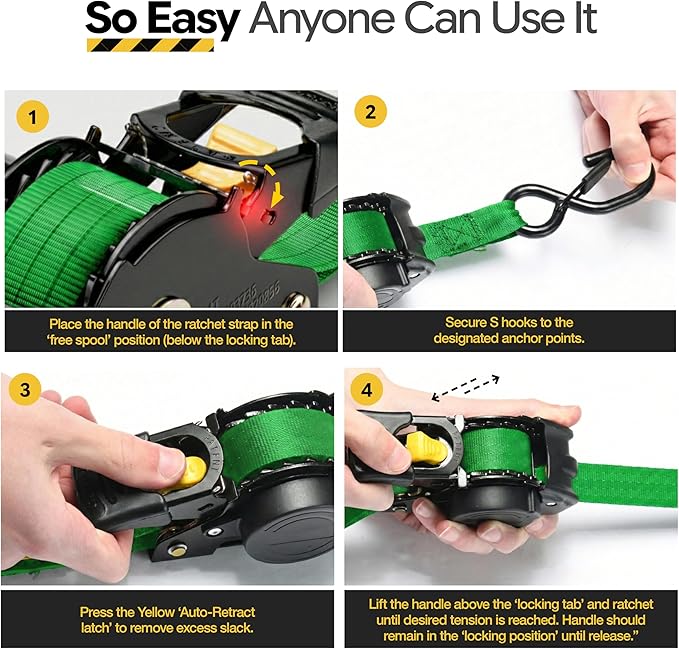 AUGO Retractable Ratchet Straps | 4 Heavy Duty Self Retractable Tie Down Straps with Soft Loops & Storage Bag for Motorcycle, Truck, Trailer, Cargo Van | 1200 Lb Break Strength 1' x 10'