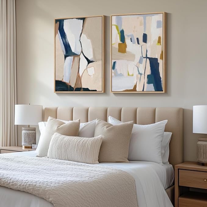Large Framed Neutral Abstract Wall Art for Living Room, Set of 2 Bright Modern Canvas Prints Paintings Artwork for Walls, Colorful Abstract Pictures for Hallway Stair Bedroom Office Wall Decor 24x36 In
