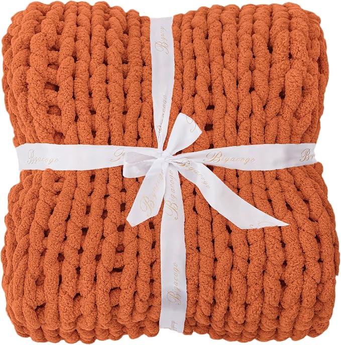 Bigacogo Chunky Knit Throw Blanket for Couch, 40x40 inches, Terracotta | Hand Knit with Jumbo Chenille, Soft Breathable Cable Knit for Sofa Bed Living Room, Machine Washable, Gift for Mom Friend