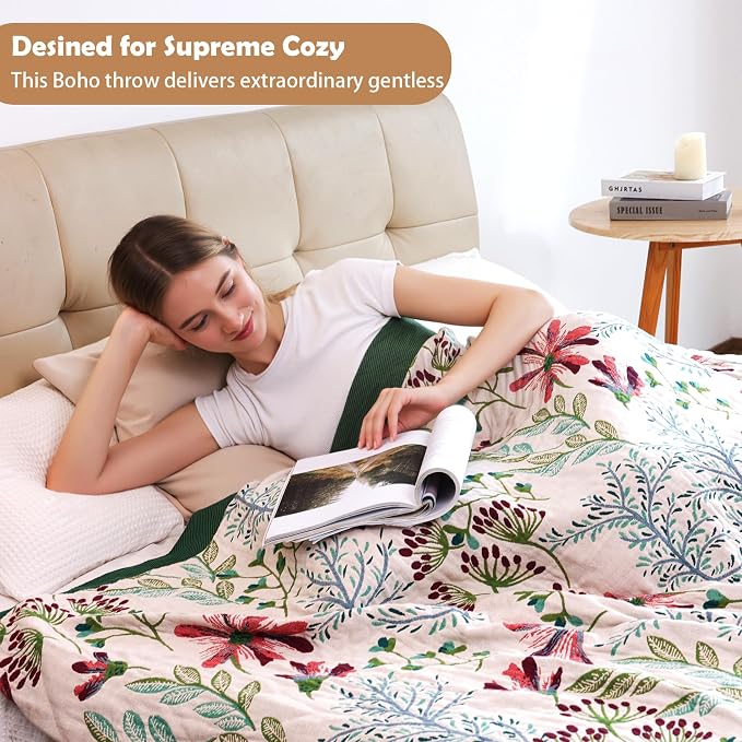 VANJOROY Boho Throw Blanket, 100% Organic Cotton Breathable Ultra Soft 91" x 98" Bed Quilt Throw - All Season Floral Rustic Farmhouse Decor Luxury Reversible Blanket for Sofa Couch Chair and Gift