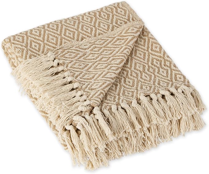 DII Rustic Farmhouse Double Diamond Woven Throw, 50x60, Stone