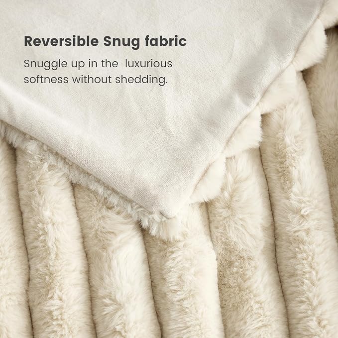 Cozy Bliss Faux Fur Throw Blanket for Couch, Cozy Warm Plush Striped Blanket for Sofa Bedroom Living Room, 90 * 90 Inches Beige