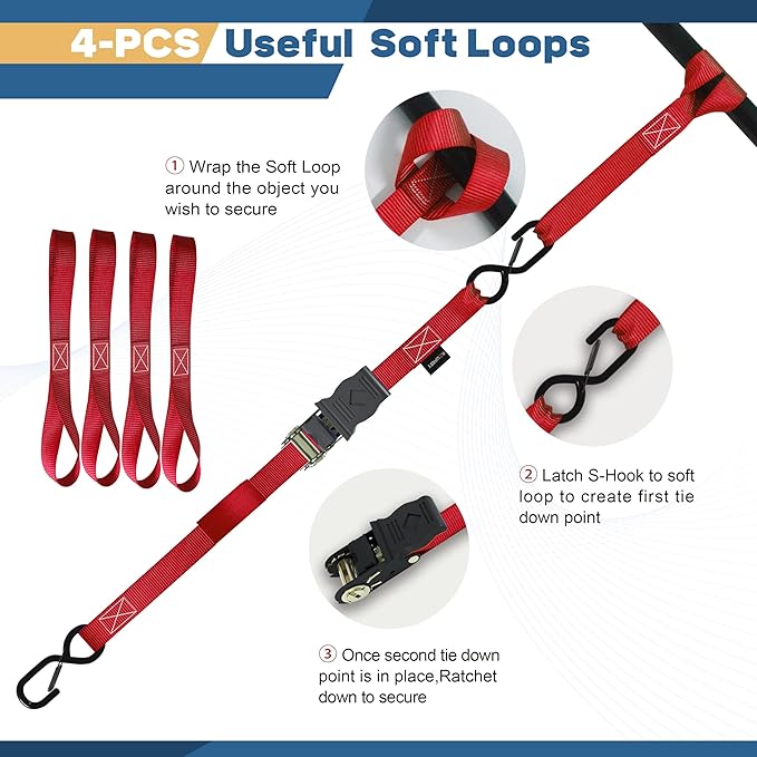 Ratchet Straps, Boat Tie Down Straps to Trailer, Motorcycle Straps, Kayak Tie Downs, 4-PK 1" x 15ft, 1800 LB Break Strength Safety Lock S Hooks & 4 Soft Loops-Secure, Rubber Coated Handle Red
