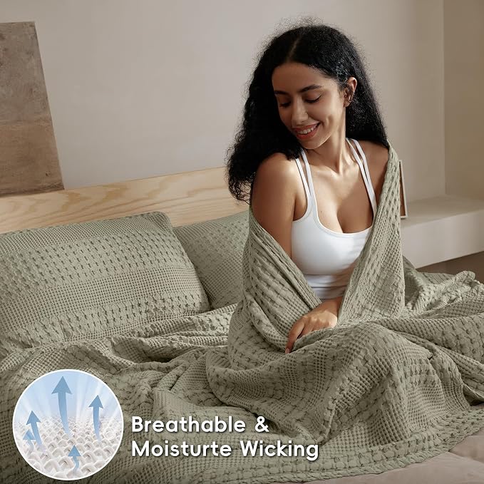 PHF 100% Cotton Waffle Weave Blanket King Size, Lightweight Breathable Summer Blanket for Hot Sleepers, Pre-Washed Soft Layer for Bed, Couch, Home Decor Gift, 108"x90", Dusty Sage