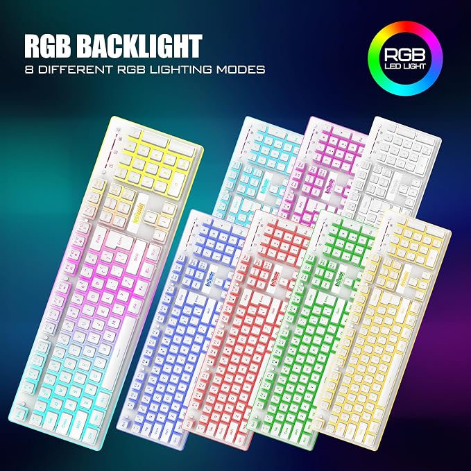 RedThunder K10 Wireless Gaming Keyboard and Mouse Combo, RGB Backlit Rechargeable 3800mAh Battery, Mechanical Feel Anti-ghosting Keyboard + 7D 3200DPI Mice for PC Gamer(White Pudding)