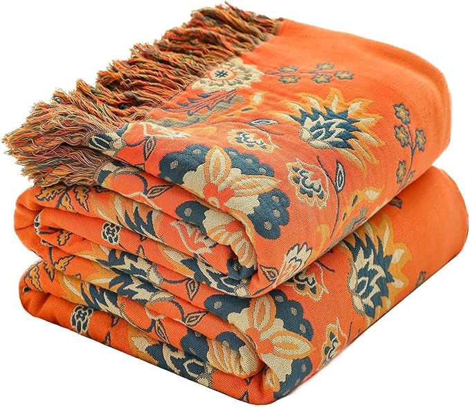 Fall Throw Blanket for Couch Bed Chair,100% Cotton Soft Lightweight Blanket Rustic Quilt -Orange Floral Printed Farmhouse Decor Bed All Season Blankets,60"×80"