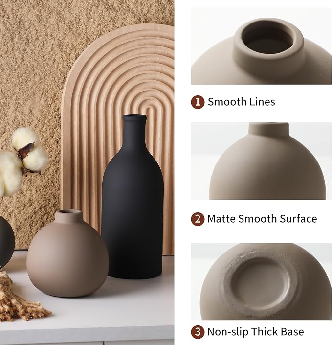 Ceramic Vase Set of 3, Vases Home Decor Rustic Farmhouse Decor Pottery Vases for Bouquet Pampas Grass Dried Fresh Flowers, Living Room, Kitchen, Bedroom, Bathroom, Entryway Mantel, Decor -Multicolor
