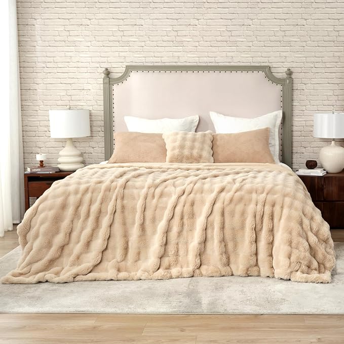 Cozy Bliss Faux Fur Throw Blanket for Couch, Bubble Plush Blanket King Size, Fuzzy Soft & Thick Blanket for Bed Sofa Living Room, 108x90 Inches Beige