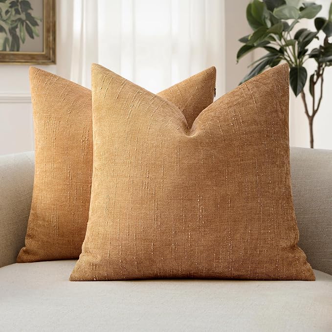 MIULEE Textured Chenille Throw Pillow Covers 20x20 Inch Golden Brown | Pack of 2 Decorative Soft Throw Pillows, Solid Textured Cushion Covers, Modern Home Decor for Couch Sofa Bedroom Living Room