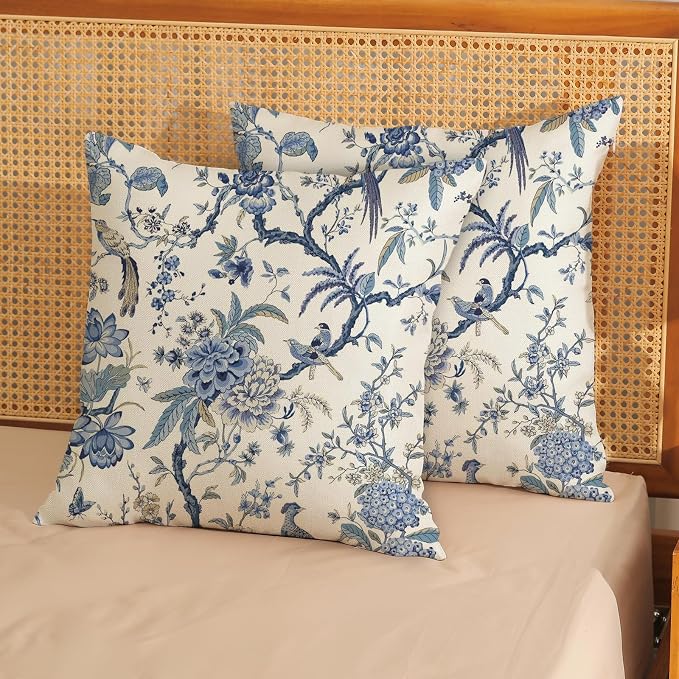 Chinoiserie Floral Bird Pillow Covers 24x24 Set of 2 Blue Chinoiserie Flowers Decorative Pillow Cases Outdoor Decor Blue and Cream Throw Pillows Farmhouse Linen Cushion Cover for Couch Home