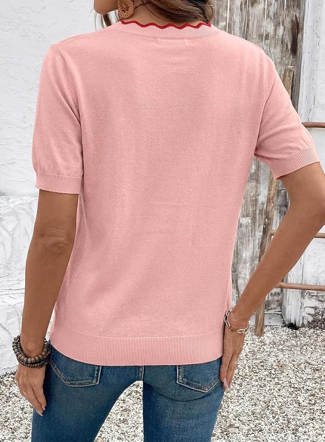 Dokotoo Womens Summer Short Sleeve Knit Tops 2026 Spring Trendy Casual V Neck Striped Sweater Blouses