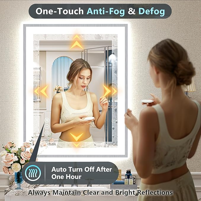 28x36 Brushed Nickel LED Bathroom Mirror with Lights, Sliver Framed Backlit and Front Lit Anti-Fog Lighted Vanity Mirrors for Bathroom Wall, Dimmable, 3 Colors, Memory, Tempered Glass, CRI＞90