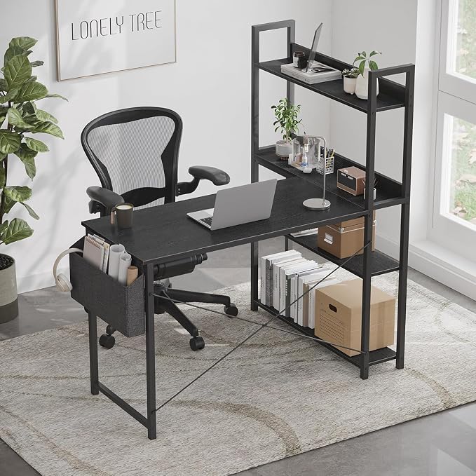 Treesland 40 Inch Computer Desk with Bookshelf, Corner Desk with Storage, L Shaped Desk, Home Office Desks, Writing Study Desk for Bedroom, Black