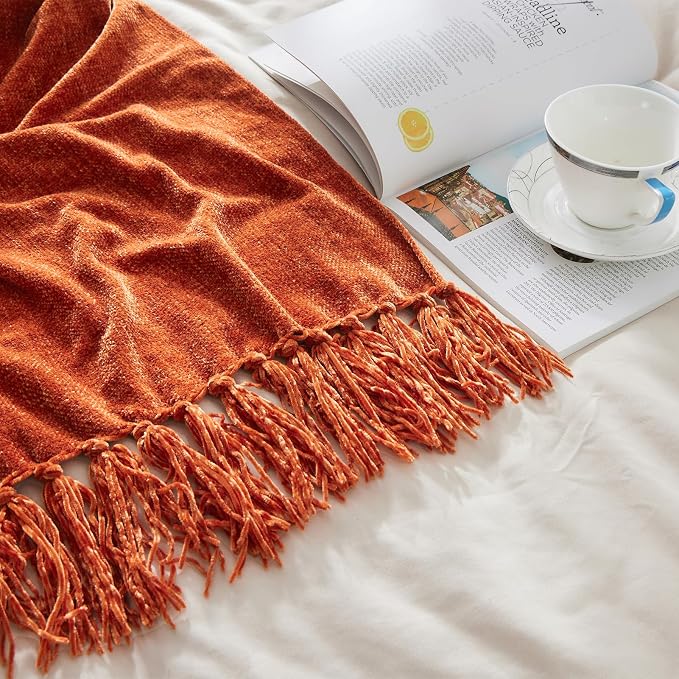 CozeCube Chenille Throw Blanket, Rust Orange Fringe Blanket, 50"X60" | For Couch, Cozy Plush Fuzzy Decorative Blanket with Fringe Tassels, Lightweight Throws for Bed Sofa Gift Home Decor
