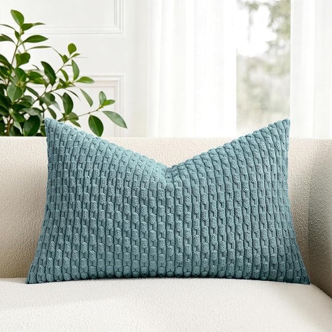 Kevin Textile Soft Corduroy 16"x26" Lumbar Pillow Cover 1 Pack, Blue Grey | Boho Stripe Plush Corduroy Decorative Oblong Cushion Cover Modern Farmhouse Home Decor for Sofa Couch Bed Chair
