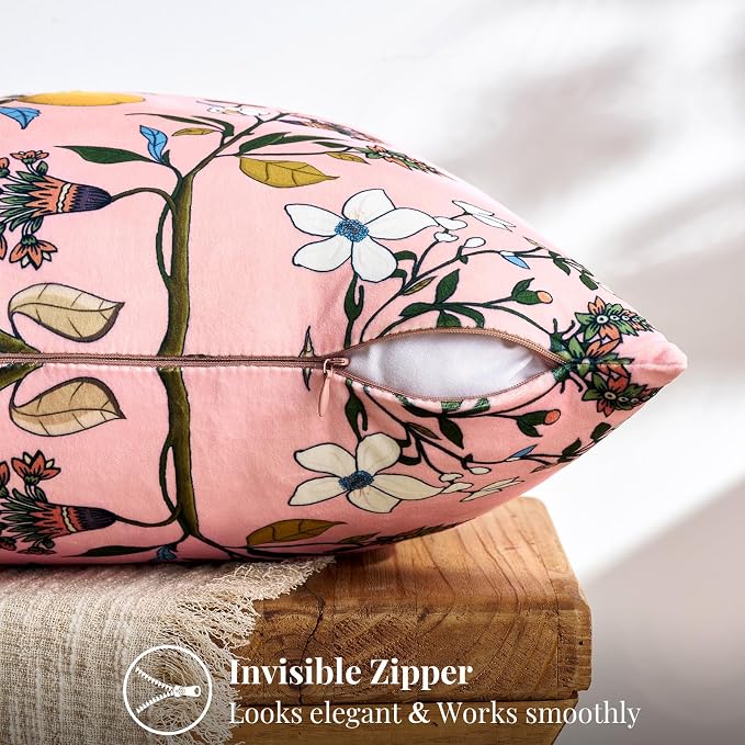 MUSSEL Light Pink Floral Vintage Decorative Pillow Covers 18x18 Set of 2 | Soft Velvet,Wild Flower Plant,Throw Pillows Case,Square,Colorful Farmhouse Cushion Covers,Home Sofa Bed Couch Decor