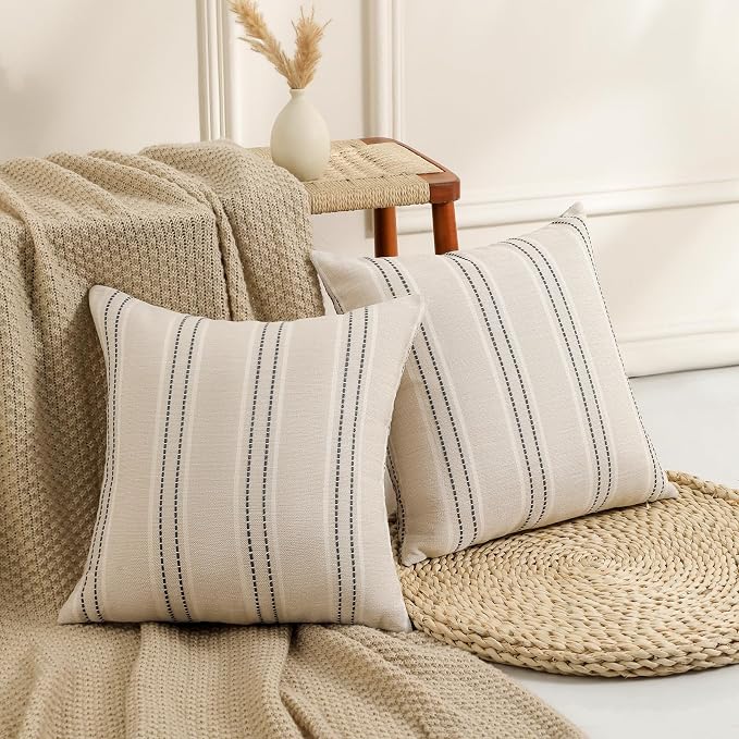 Hckot Decorative Pillow Covers 18x18 Striped Throw Pillows Textured Linen Pillow Covers Farmhouse Decor Cushion Covers for Couch Bed Living Room, Grey