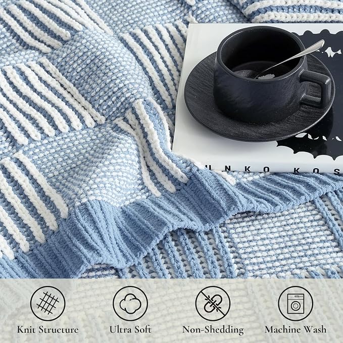 Knit Throw Blanket, Soft Chenille Cozy Breathable Dual Tone Checkered Chunky Decorative Blanket for Couch, Bed & Sofa, French Lightweight Warm Gift for Women, Washed Blue, 60"x80"