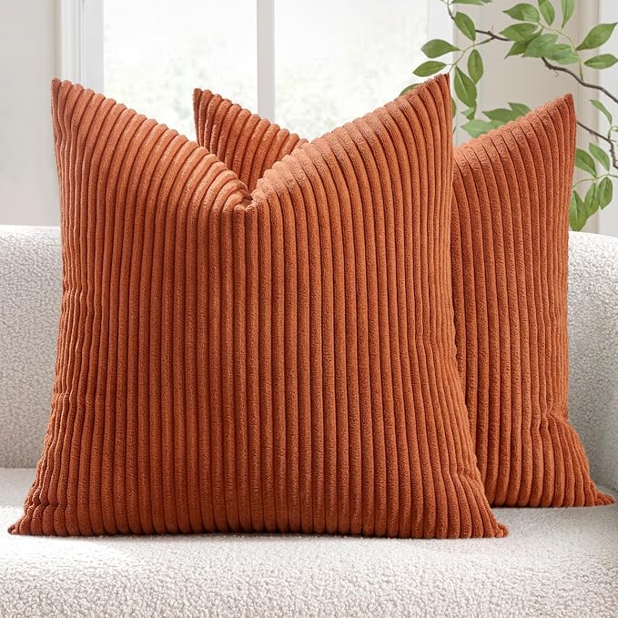 MIULEE Fall Euro Corduroy Throw Pillow Covers Set of 2 24x24 Rust | Soft Striped Textured Cushion Cases, Boho Rustic Square Pillowcases for Home Decor, for Couch Chair Sofa Bed Living Room