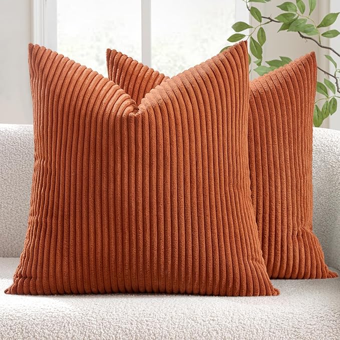 MIULEE Fall Decorative Corduroy Throw Pillow Covers Set of 2 18x18 Rust | Soft Striped Textured Cushion Cases, Boho Rustic Square Pillowcases for Home Decor, for Couch Chair Sofa Bed Living Room