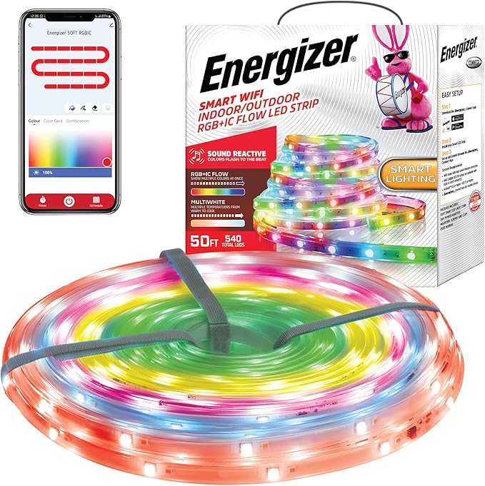 Energizer Smart Indoor & Outdoor RGB+IC+WW LED 50 Foot Light Strip, Sound Reactive, IP65 Waterproof, Remote Access App & Voice Control with Alexa, Siri, Google, Grouping, Scheduling, Wi-Fi No Hub