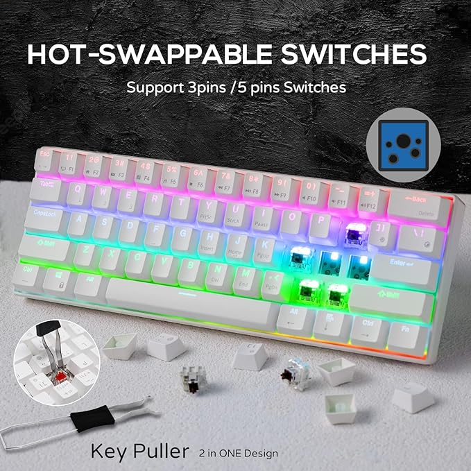 RK ROYAL KLUDGE RK61 Wireless Mechanical Keyboard with Coiled Cable, White | 60% RGB Gaming Keyboard with Bluetooth/2.4GHz/Wired, Hot Swappable 61 Keys Ultra-Compact for Win/Mac/PC, Tactile Brown Switch