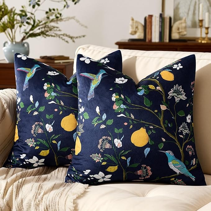 MUSSEL Navy Blue Floral Vintage Decorative Pillow Covers 18x18 Set of 2 | Soft Velvet,Wild Flower Plant,Throw Pillows Case,Square,Colorful Farmhouse Cushion Covers,Home Sofa Bed Couch Decor