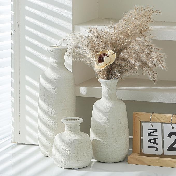 Ceramic Vase Set of 3, Neutral Rustic Vases Home Decor Farmhouse Decorative Vase Whitewashed Pottery Decor Boho Modern for Table Mantel Entryway Bookshelf Living Room Kitchen Bathroom Bedroom - White