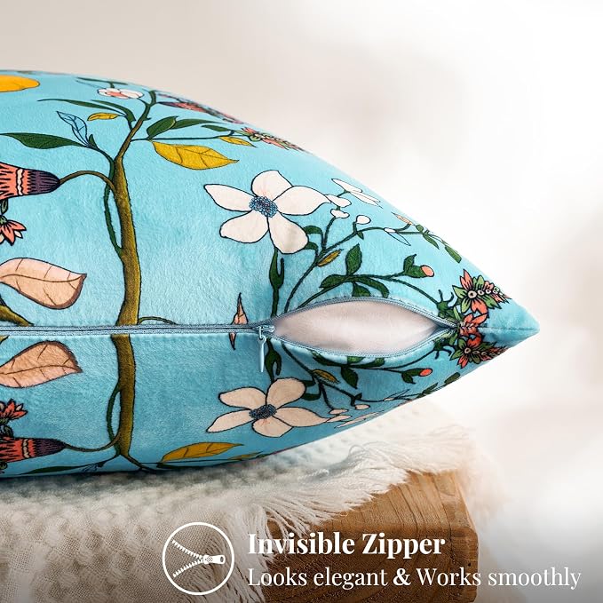 MUSSEL Sky Blue Velvet Floral Decorative 16x16 Pillow Covers Set of 2 | Soft Durable and Sturdy,Bird Plant,Throw Pillows Case,Square,Colorful Modern Cushion Covers,Home Sofa Bed Couch Decor