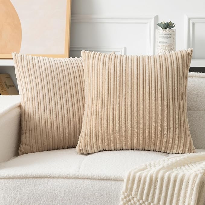 UGASA Velvet 20x20 Inch Soft Throw Pillow Cover Decorative Corduroy Striped Both Sides Solid Square Cushion Case Boho Farmhouse for Couch Bedroom Sofa Home, 1 Piece, Beige