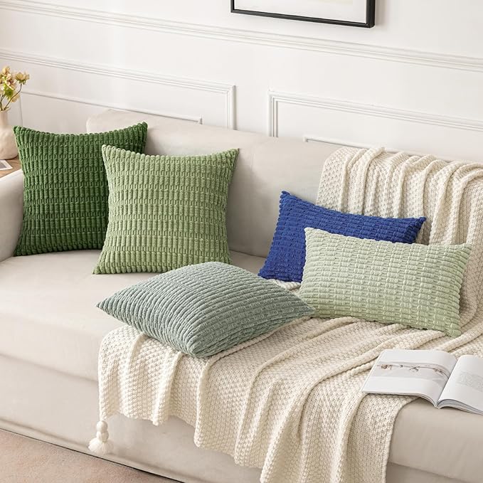 MIULEE Pack of 2 Spring Corduroy Decorative Throw Pillow Covers 16x16 Inch Soft Boho Striped Pillow Covers Modern Farmhouse Home Decor for Summer Sofa Living Room Couch Bed Moss Green