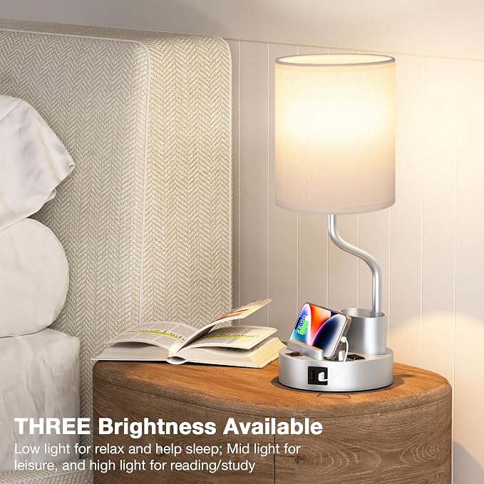 Fenmzee Bedside Lamps for Bedroom Set of 2 - Table Desk Lamp for Nightstand | 15" Table Lamp for Living Room with Pen Holder & Phone Stand, USB A+C Port, AC Outlet, 3 Color Temperature, LED Bulb Included