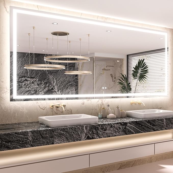 Keonjinn LED Bathroom Mirror 84 ” x 40 ” with Frontlit & Backlit, Lighted Mirror for Bathroom Wall with Dimmable 3-Color Lights, Large Anti-Fog Mirror, HD Tempered Glass, UL-Listed LED Driver
