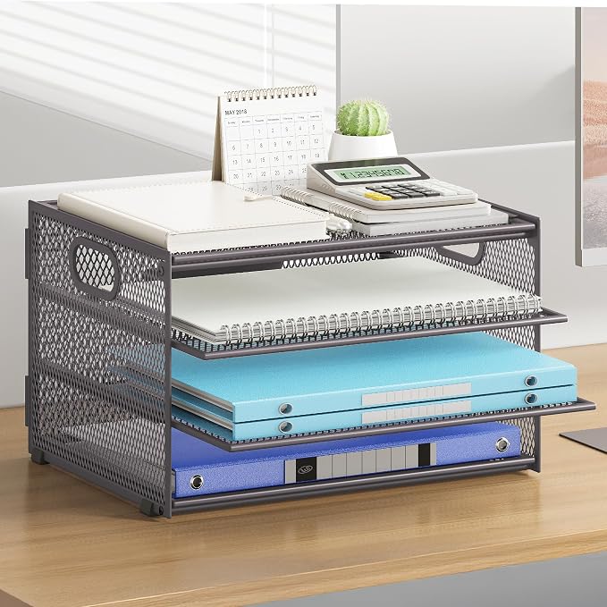 Subekyu Paper Letter Tray Organizer for Desk, Gray Metal Mesh Desk File Sorter Organizer with Handle and 2 Sliding Trays for Home Office School Supplies Organization