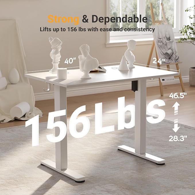 YDN 40 x 24 Inch Warm White Electric Standing Desk | Adjustable Height, Sit Stand, Cable Management, Ergonomic, Home Office