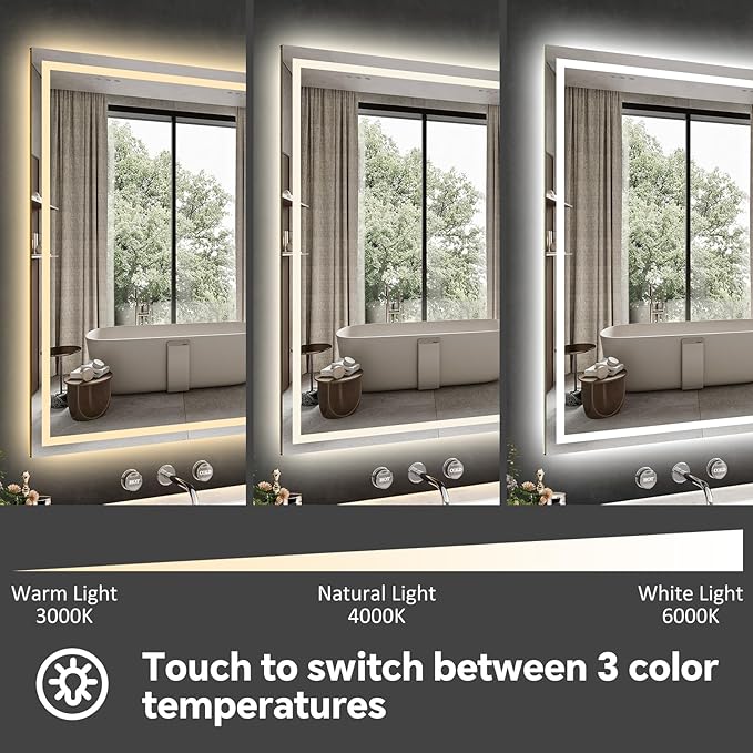 LED Bathroom Mirror 24x40 Inch Anti-Fog Bathroom Mirror with Lights, Wall Mounted Lighted Vanity Mirrors, Dimmable, Backlit + Front Lit, Smart Bathroom Vanity Mirror with 3 Colors Temperature