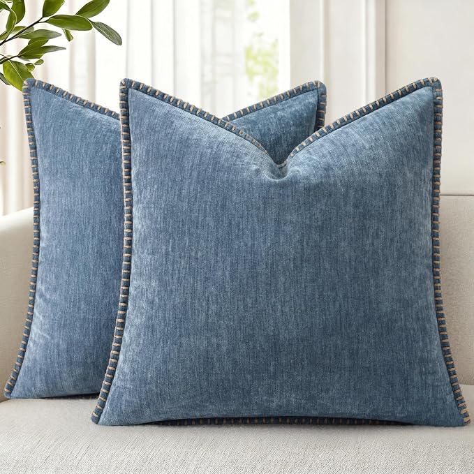 decorUhome Soft Chenille Throw Pillow Covers 26x26 Set of 2 Haze Blue | Fall Textured Decorative Throw Pillow Cases Stitched Edge Modern Farmhouse Luxury Boho Velvet for Couch Sofa Bed Home Decor