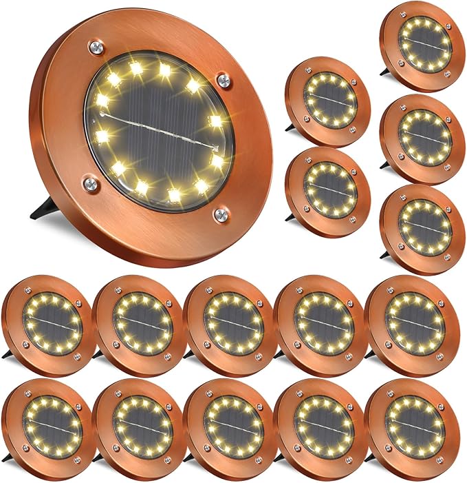 Solar Ground Lights Outdoor Waterproof Flat Garden Solar Disk Lights Floor 12 LED 16 Pack for Garden Patio Pathway Landscape Driveway Yard Path Decor