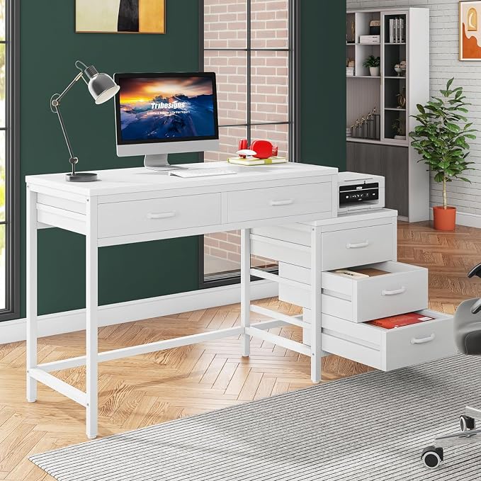Tribesigns Computer Desk with 5 Drawers, Reversible Home Office Desks | Small Desk with Drawer Cabinet Printer Stand, PC Desk with Storage, White Study Writing Table Workstation for Small Spaces
