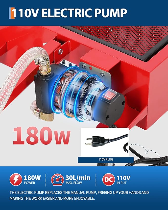 GarveeTech Low Profile Oil Drain Pan 110V, 20 gal Metal Oil Change Pan Cart with 180W Electric Pump, 8 ft Hose & Folding Handle for Cars, SUVs, Trucks, Buses, RVs, Red