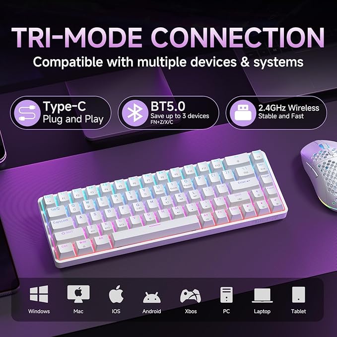 DIERYA DK68 60% Wireless Mechanical Gaming Keyboard, 3-Mode, Bluetooth 5.0/2.4G/USB-C, RGB Backlit, 68-Key Compact Mini for Windows, Mac, Linux - Clicky Blue Switch - White